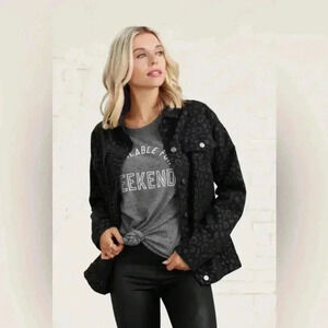 Mud Pie Shaw Boyfriend Jean Jacket Cotton Denim Black Leopard Women's Size S